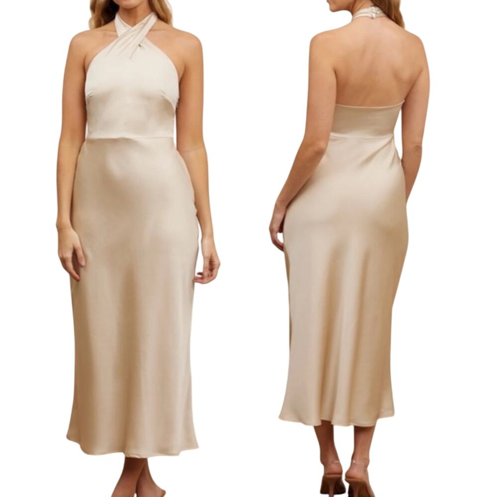 Park & Fifth Stanton Satin Halter Formal Gown Midi Maxi Dress Champagne Medium